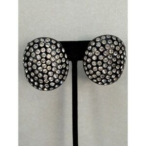 Vintage Lucite Rhinestone Clip Earrings Black Clear Crystal Retro Statement